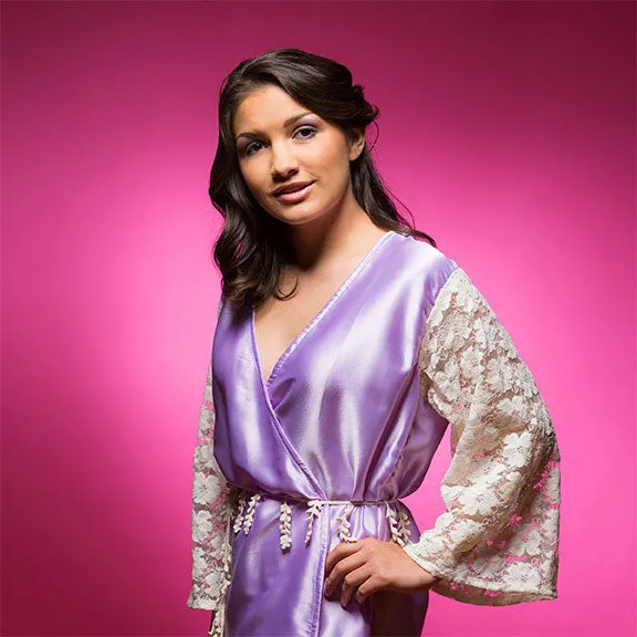 Lavender Satin Robe with full-length Lace Sleeves