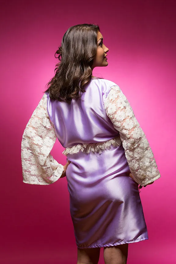 Lavender Satin Robe with full-length Lace Sleeves