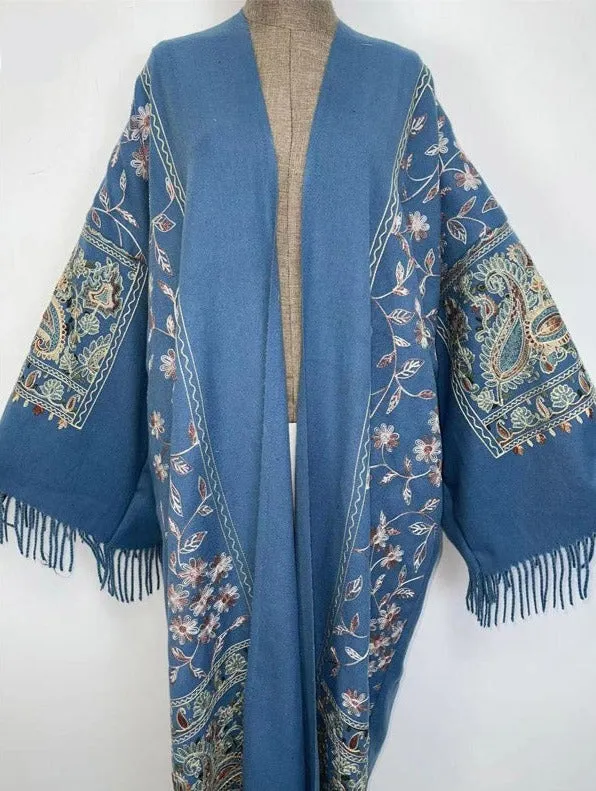 Long Winter Fringed Embroidered Pashmina Overcoat Kimono 13 Colours