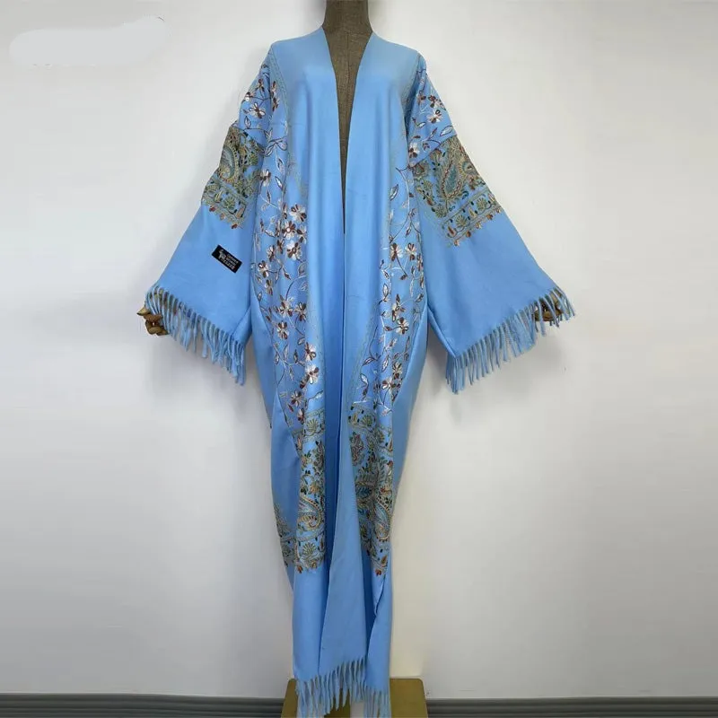 Long Winter Fringed Embroidered Pashmina Overcoat Kimono 13 Colours