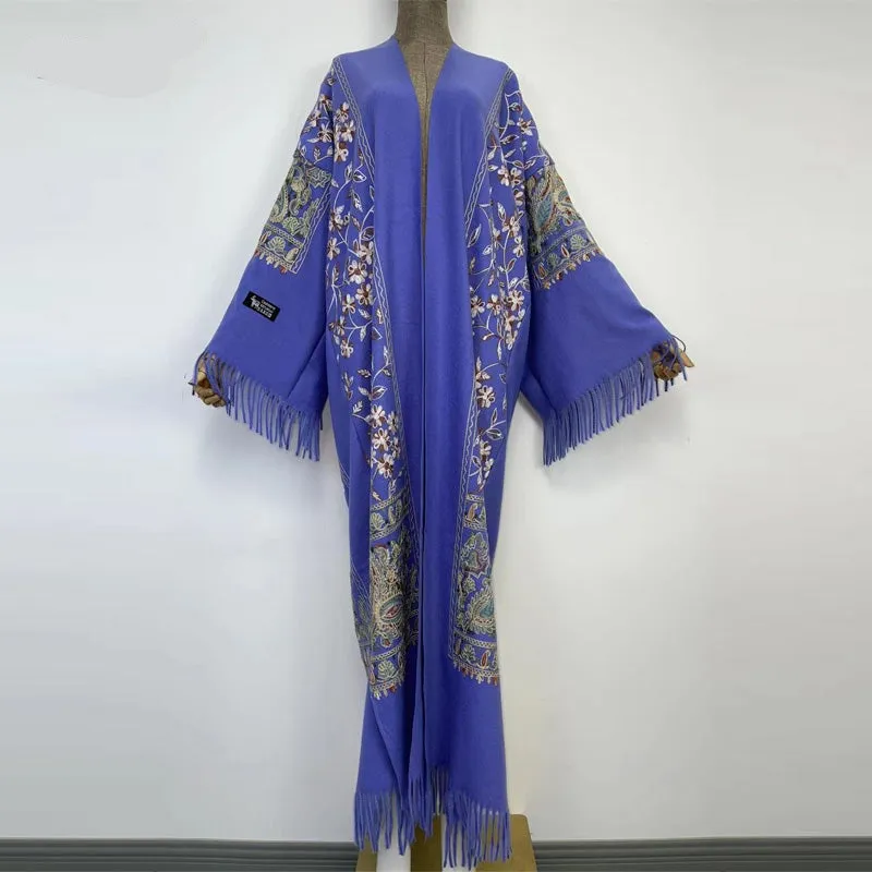 Long Winter Fringed Embroidered Pashmina Overcoat Kimono 13 Colours