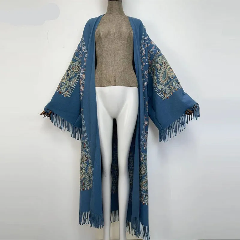 Long Winter Fringed Embroidered Pashmina Overcoat Kimono 13 Colours