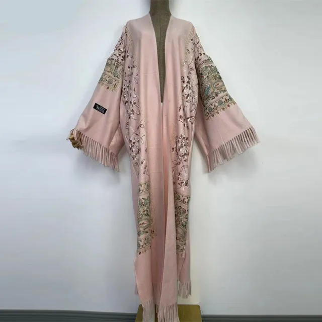 Long Winter Fringed Embroidered Pashmina Overcoat Kimono 13 Colours