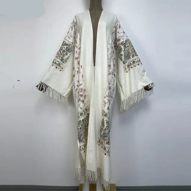 Long Winter Fringed Embroidered Pashmina Overcoat Kimono 13 Colours