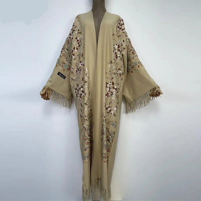 Long Winter Fringed Embroidered Pashmina Overcoat Kimono 13 Colours