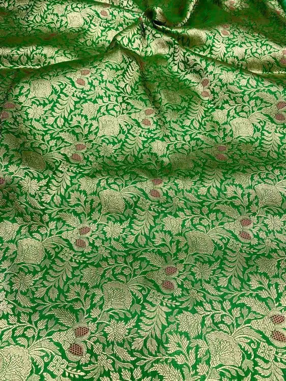 Luxurious Green Handloom Banarasi Pure Katan Silk Brocade Meenakari Double Zari Fabric ( 2.5 Mtr )