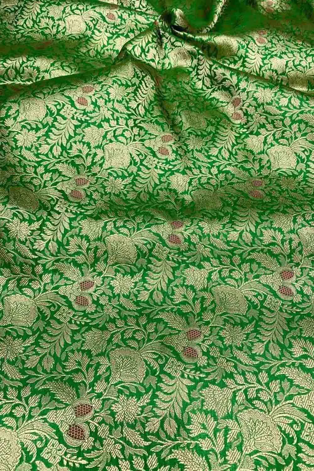 Luxurious Green Handloom Banarasi Pure Katan Silk Brocade Meenakari Double Zari Fabric ( 2.5 Mtr )