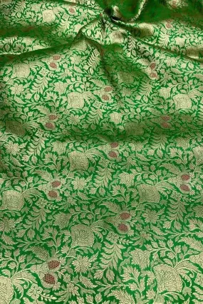 Luxurious Green Handloom Banarasi Pure Katan Silk Brocade Meenakari Double Zari Fabric ( 2.5 Mtr )