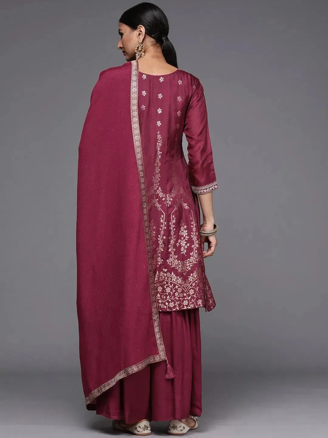 Maroon Brocade Silk Blend A-Line Kurta With Sharara & Dupatta