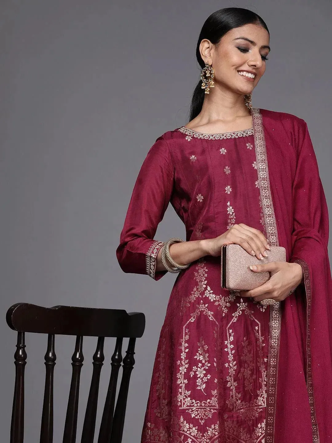 Maroon Brocade Silk Blend A-Line Kurta With Sharara & Dupatta