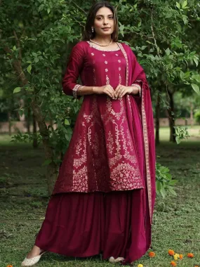 Maroon Brocade Silk Blend A-Line Kurta With Sharara & Dupatta