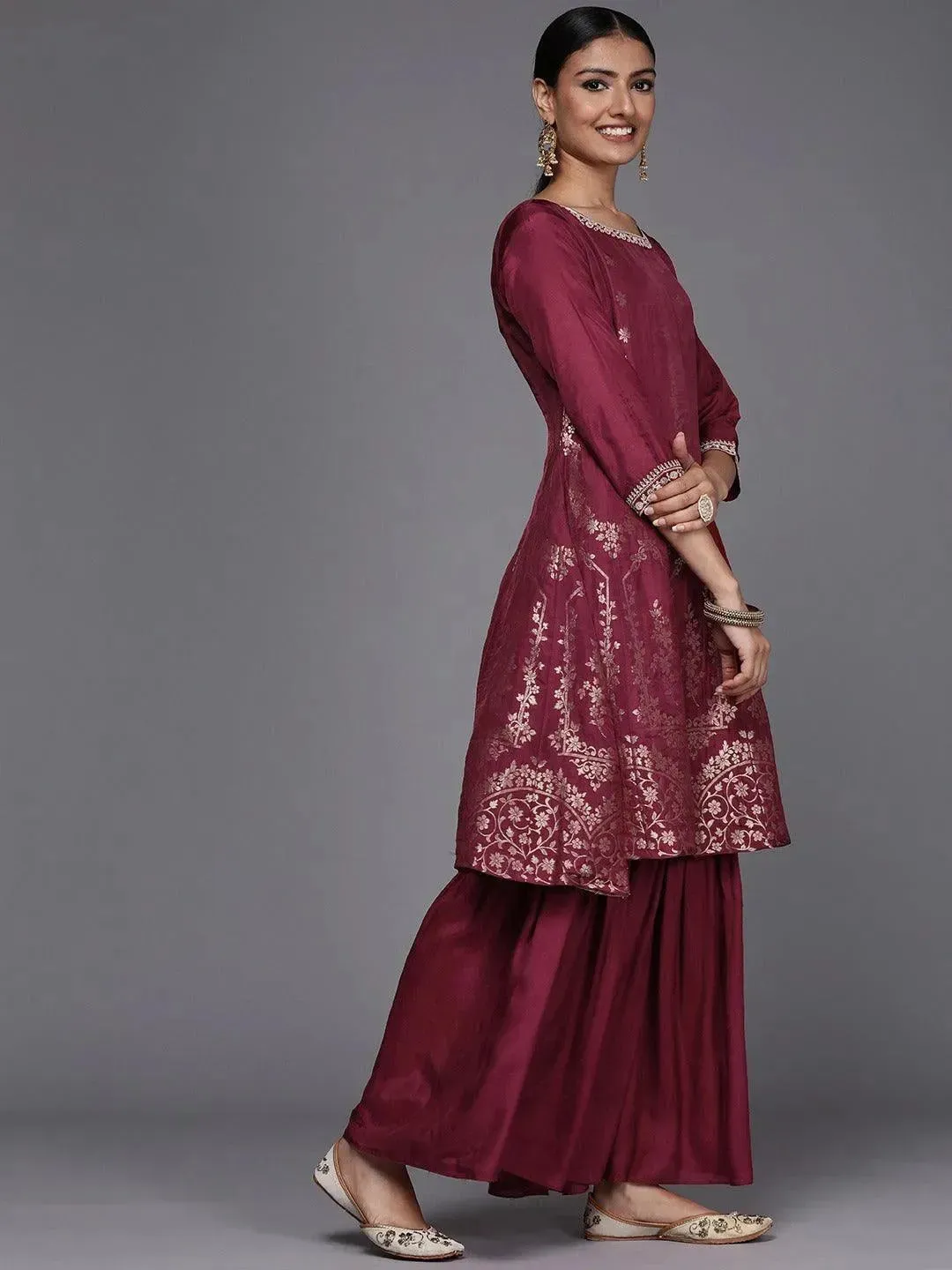 Maroon Brocade Silk Blend A-Line Kurta With Sharara & Dupatta