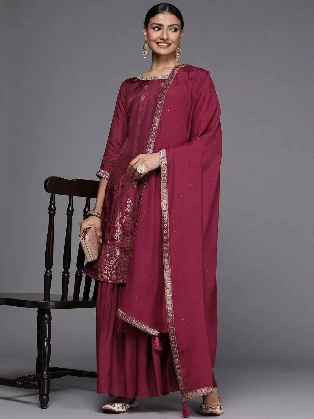 Maroon Brocade Silk Blend A-Line Kurta With Sharara & Dupatta