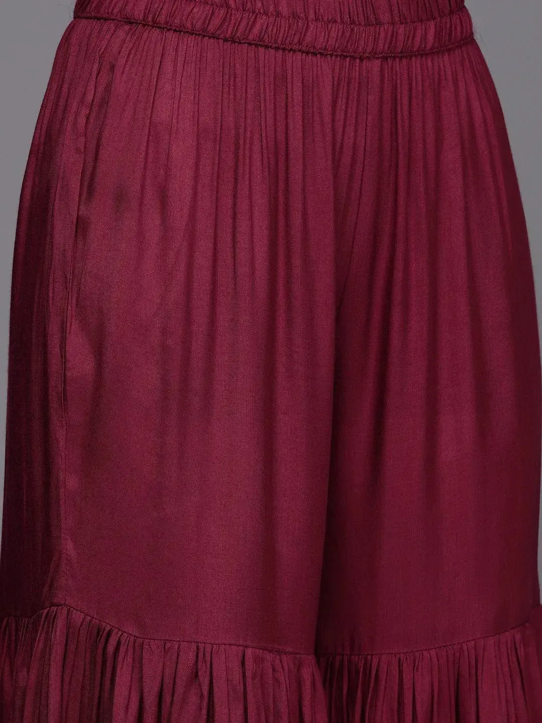 Maroon Brocade Silk Blend A-Line Kurta With Sharara & Dupatta