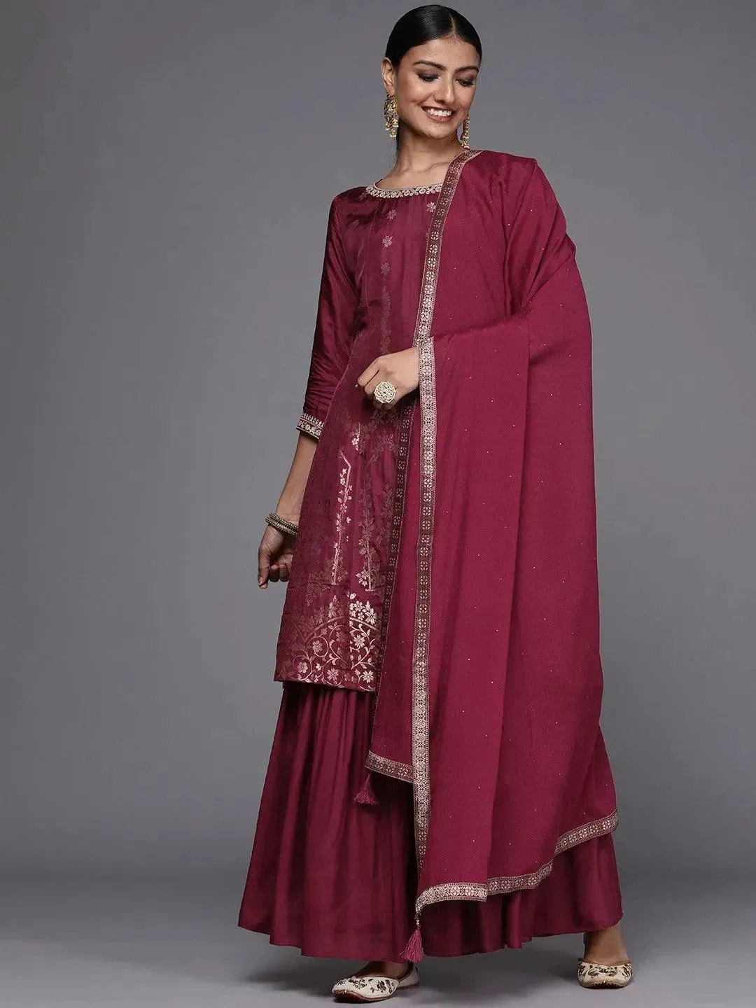 Maroon Brocade Silk Blend A-Line Kurta With Sharara & Dupatta