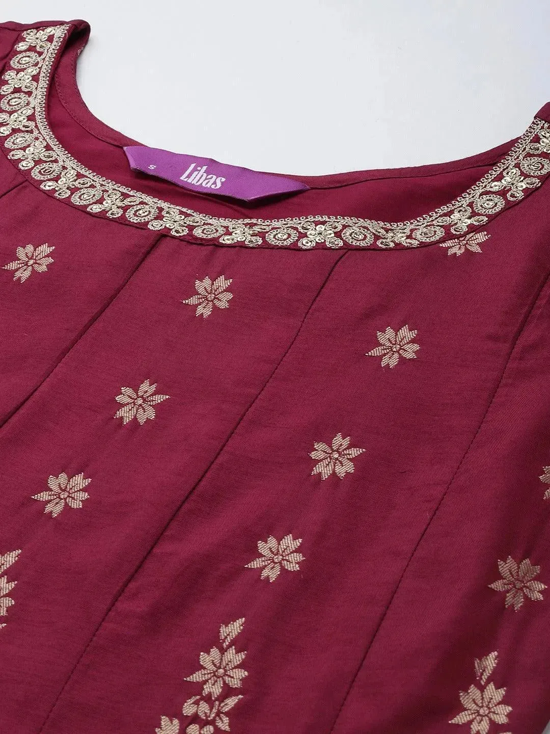 Maroon Brocade Silk Blend A-Line Kurta With Sharara & Dupatta