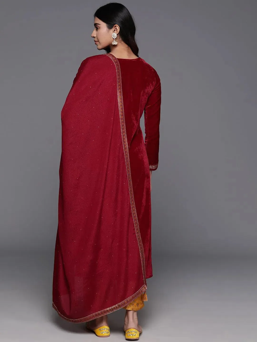 Maroon Yoke Design Velvet Straight Suit With Dupatta