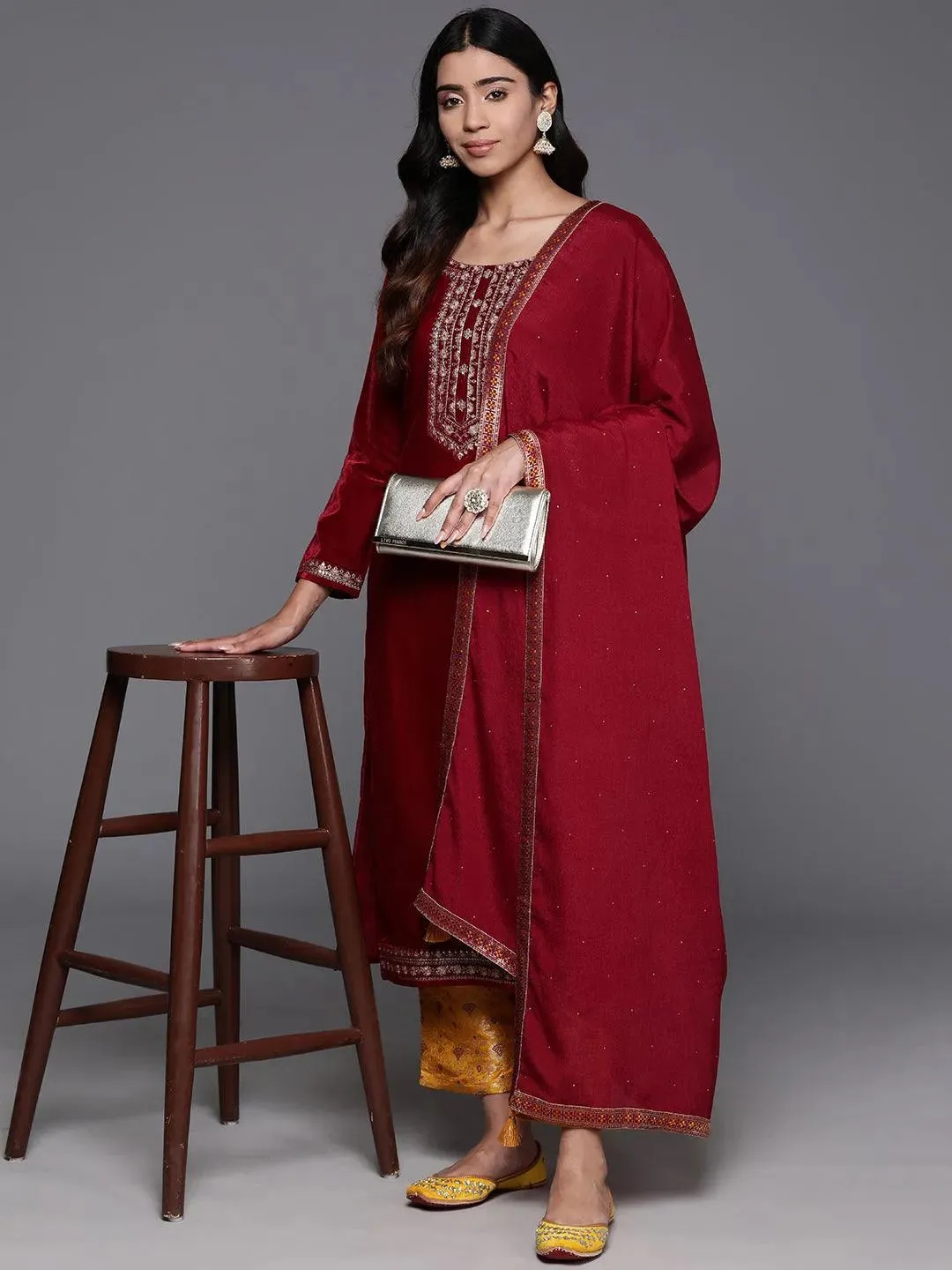 Maroon Yoke Design Velvet Straight Suit With Dupatta