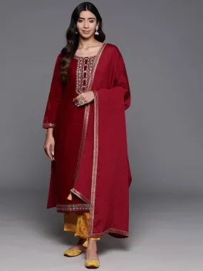 Maroon Yoke Design Velvet Straight Suit With Dupatta