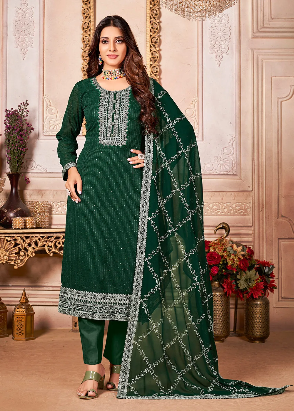 Marvelous Green Indian Georgette Ceremonial Salwar Suit