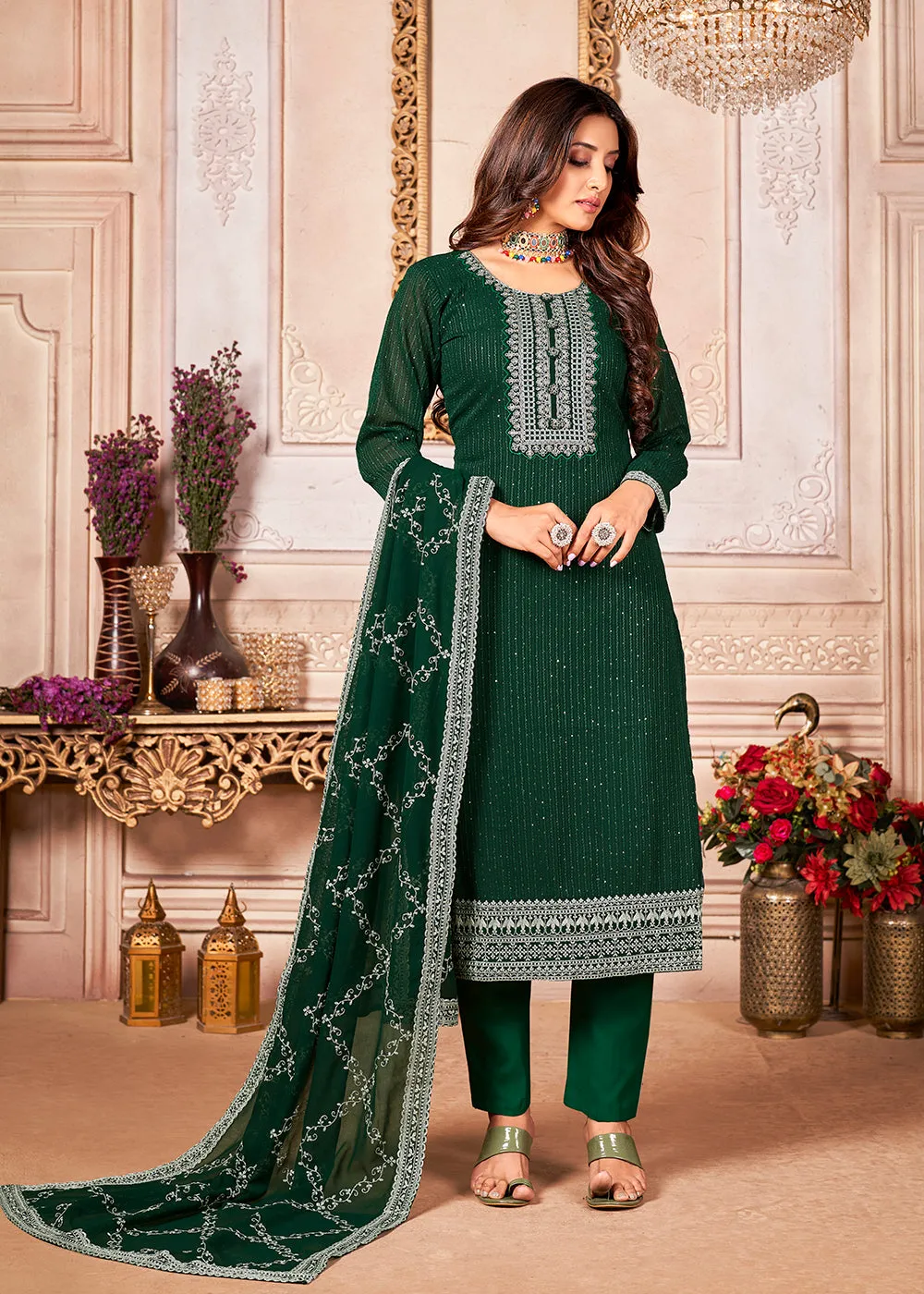 Marvelous Green Indian Georgette Ceremonial Salwar Suit