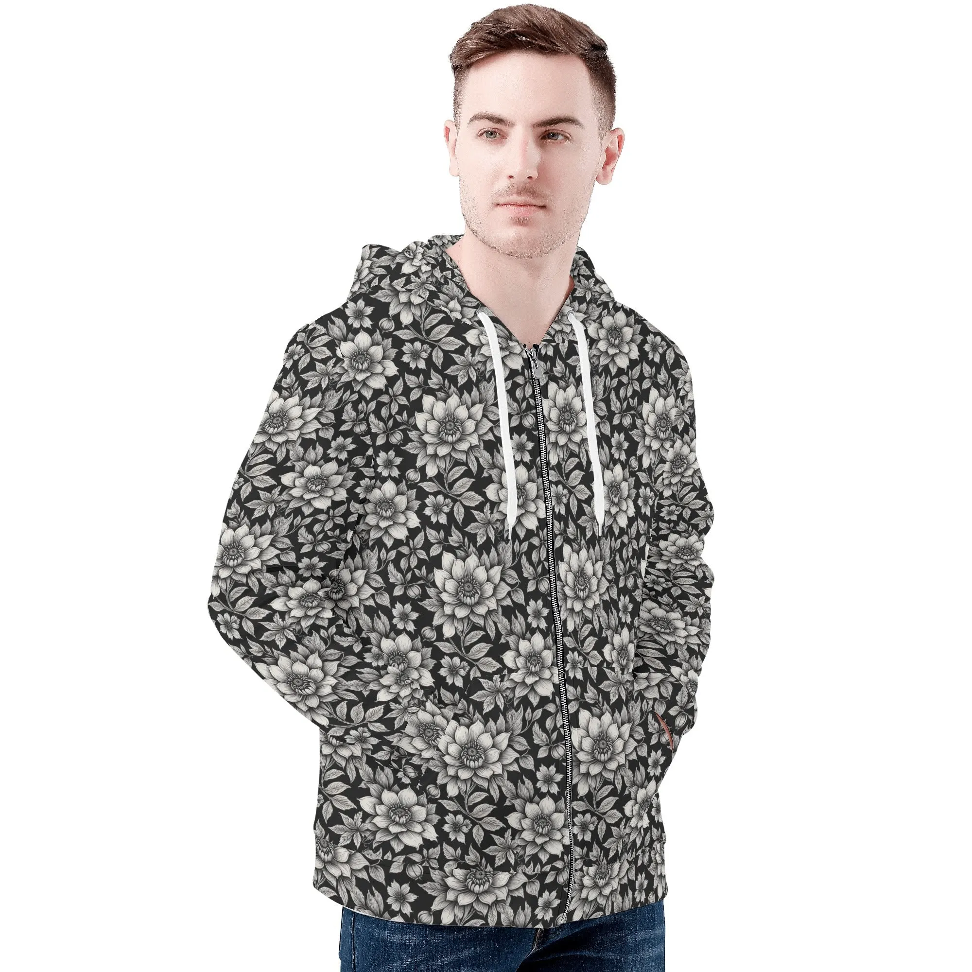 Mens Black and White Bloom Classic Zip Up Hoodie Warm Jacket