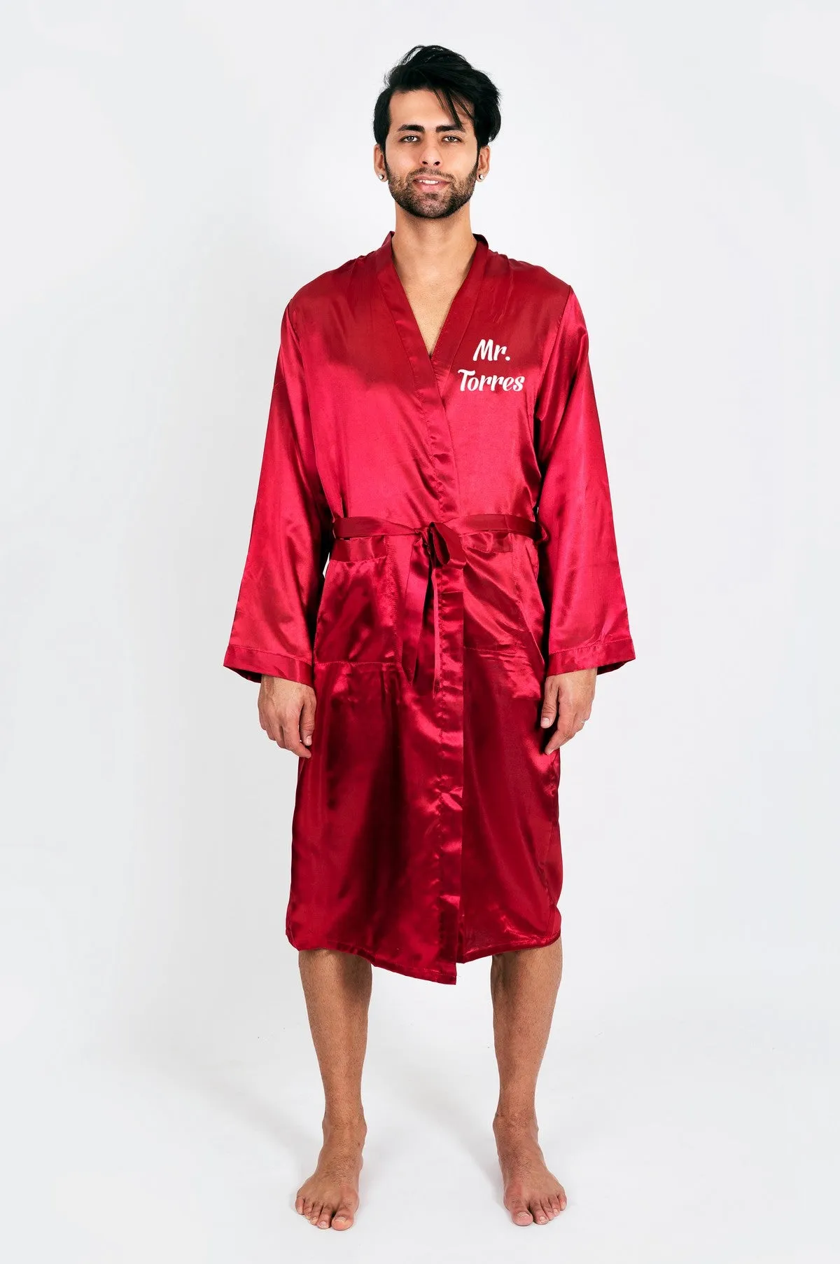 Men's Satin robe for Groom , King Mr Silk Robes for Bachelor Party - Script Vinyl