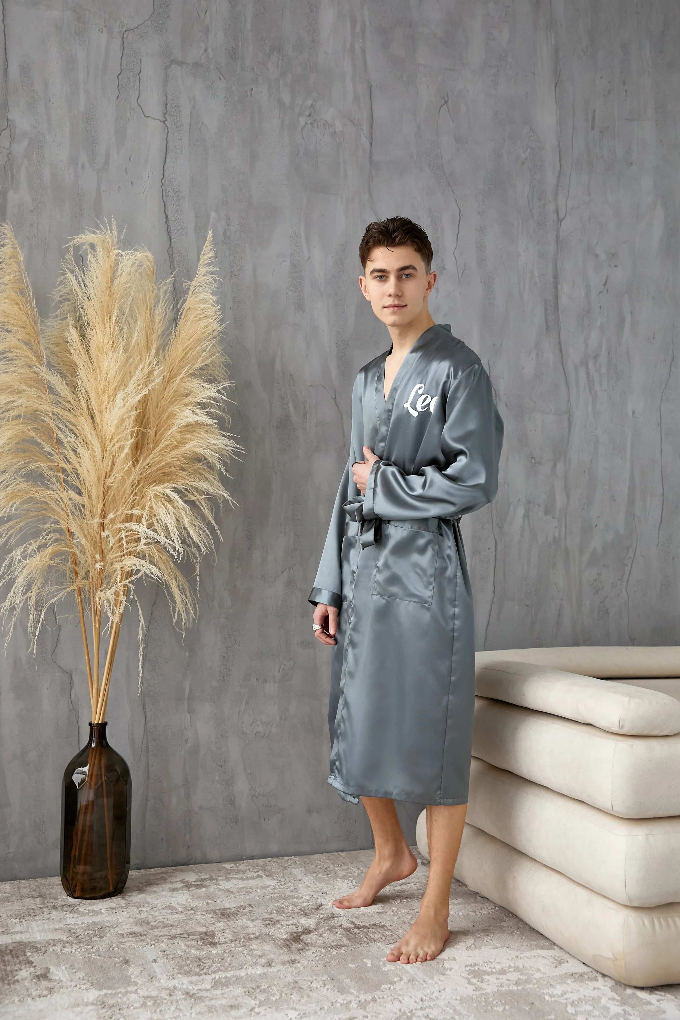 Men's Satin robe for Groom , King Mr Silk Robes for Bachelor Party - Script Vinyl