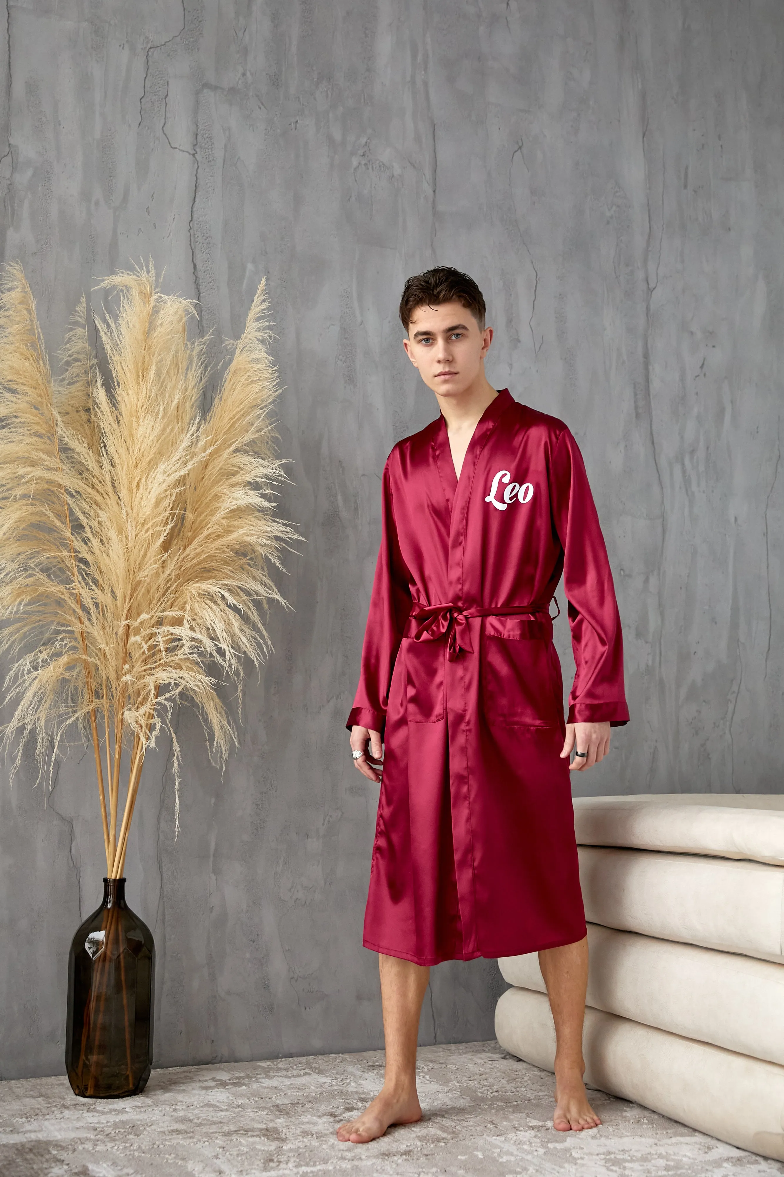 Men's Satin robe for Groom , King Mr Silk Robes for Bachelor Party - Script Vinyl