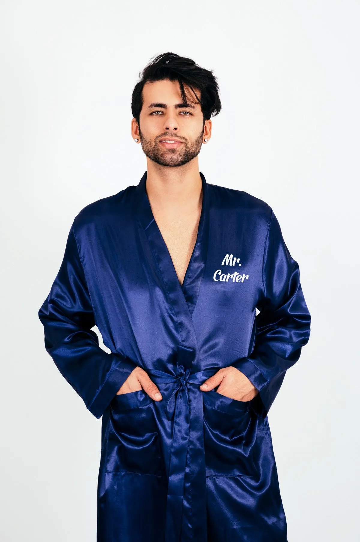 Men's Satin robe for Groom , King Mr Silk Robes for Bachelor Party - Script Vinyl