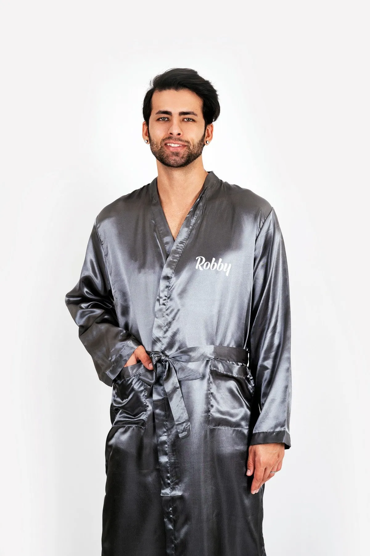 Men's Satin robe for Groom , King Mr Silk Robes for Bachelor Party - Script Vinyl