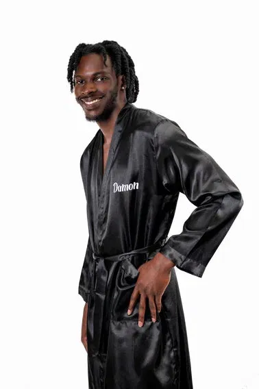 Men's Satin robe for Groom , King Mr Silk Robes for Bachelor Party - Script Vinyl