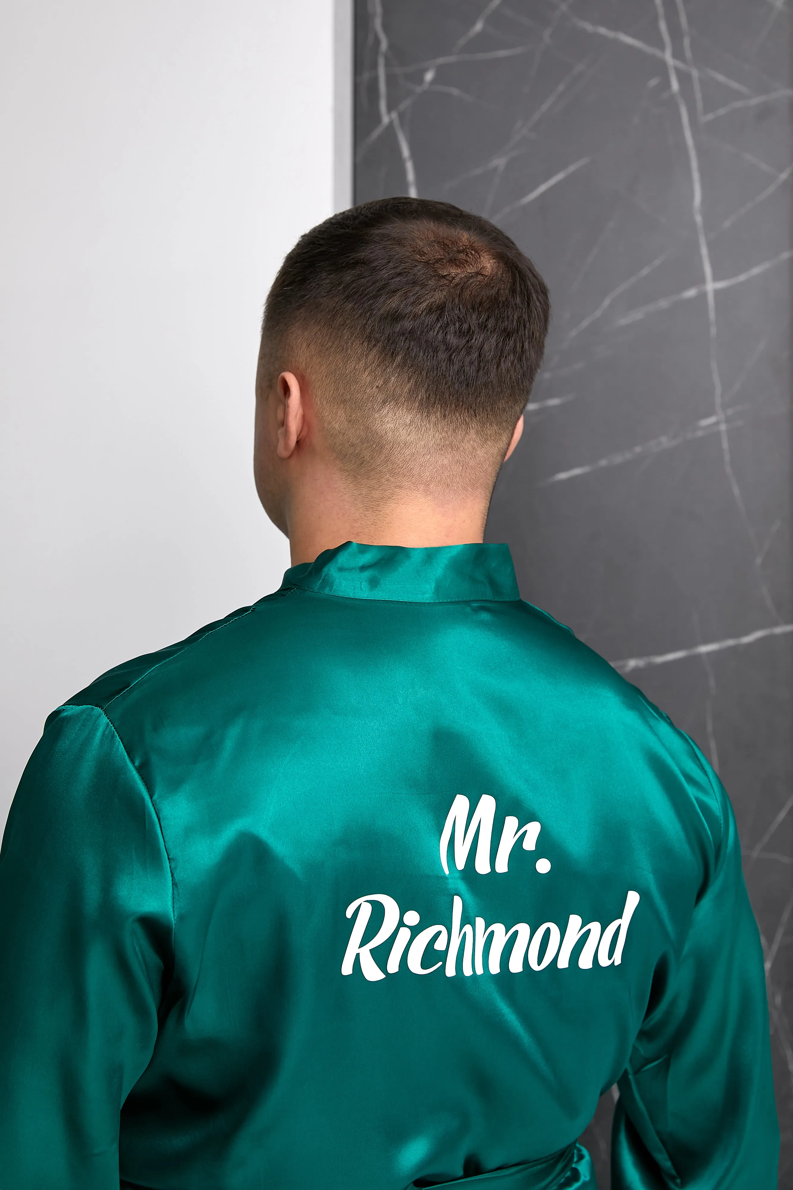 Men's Satin robe for Groom , King Mr Silk Robes for Bachelor Party - Script Vinyl