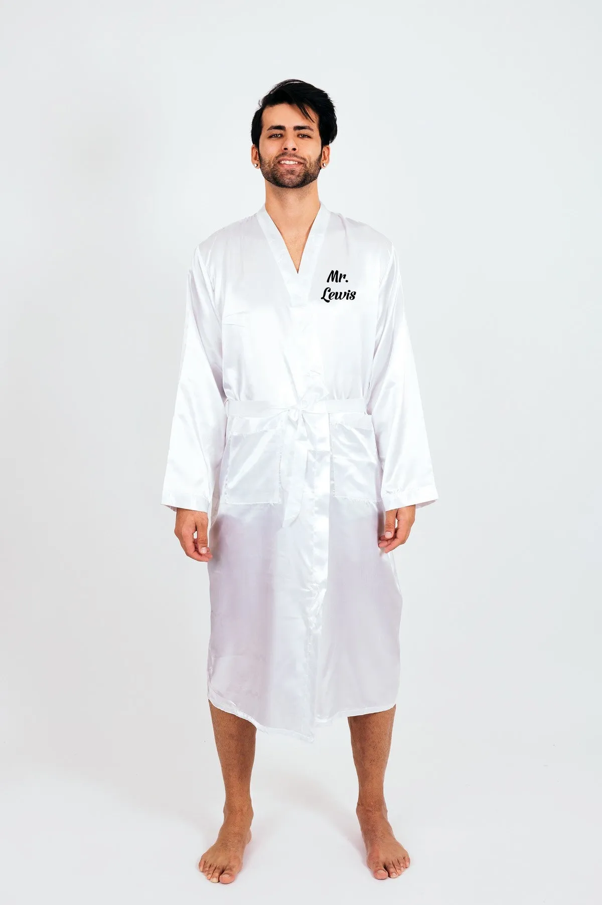 Men's Satin robe for Groom , King Mr Silk Robes for Bachelor Party - Script Vinyl