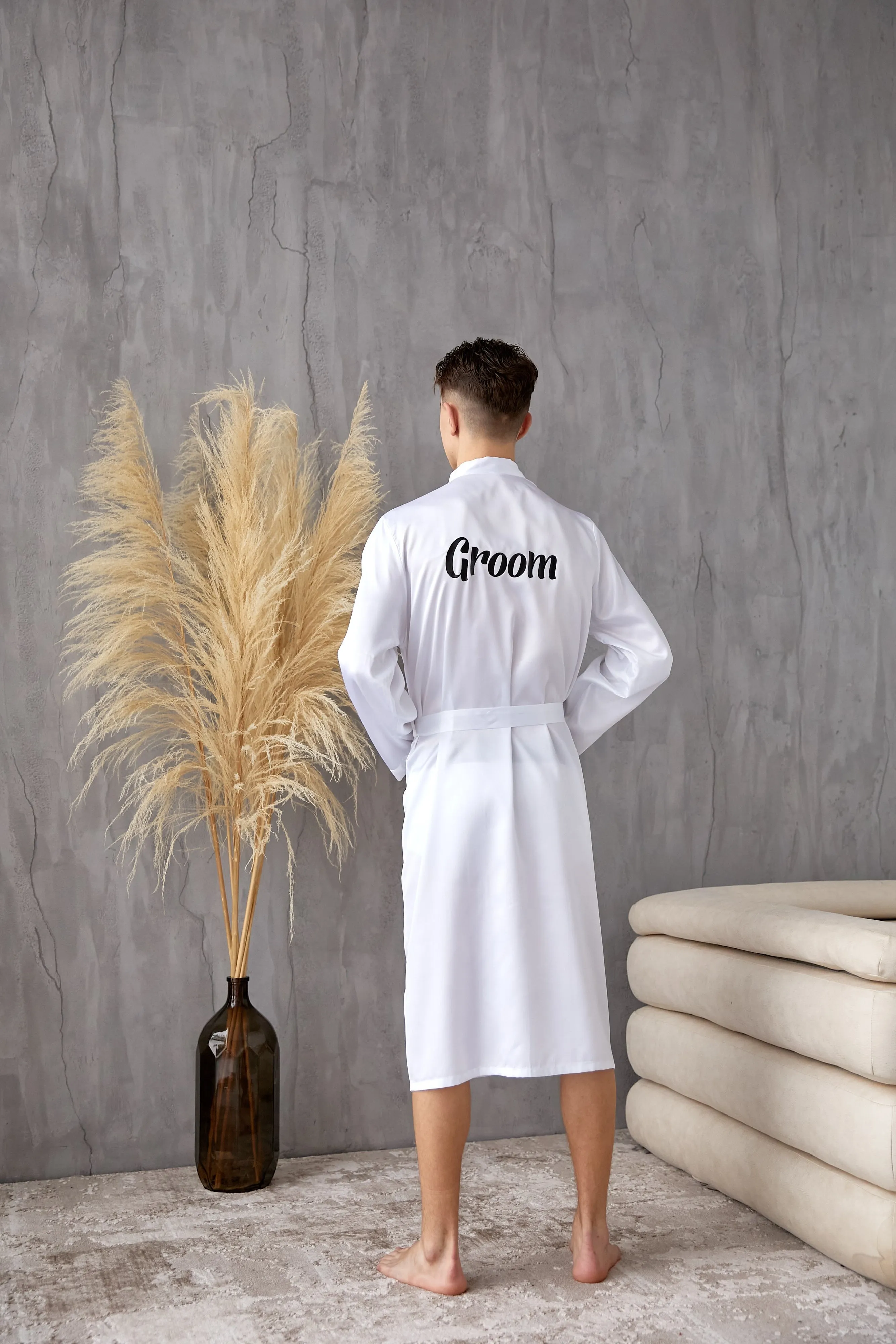 Men's Satin robe for Groom , King Mr Silk Robes for Bachelor Party - Script Vinyl