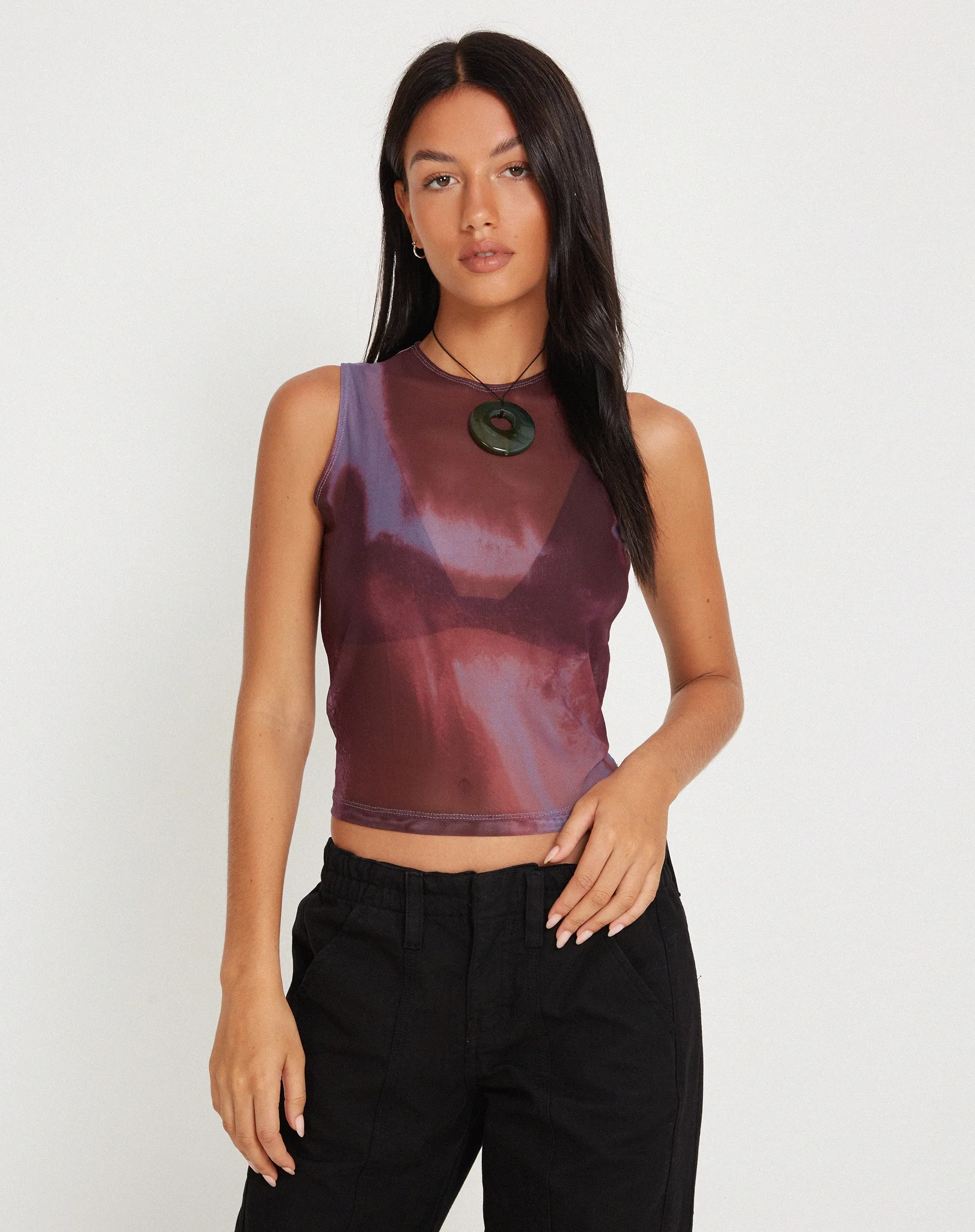 Monlo Vest Top in Mesh Watercolour Wine