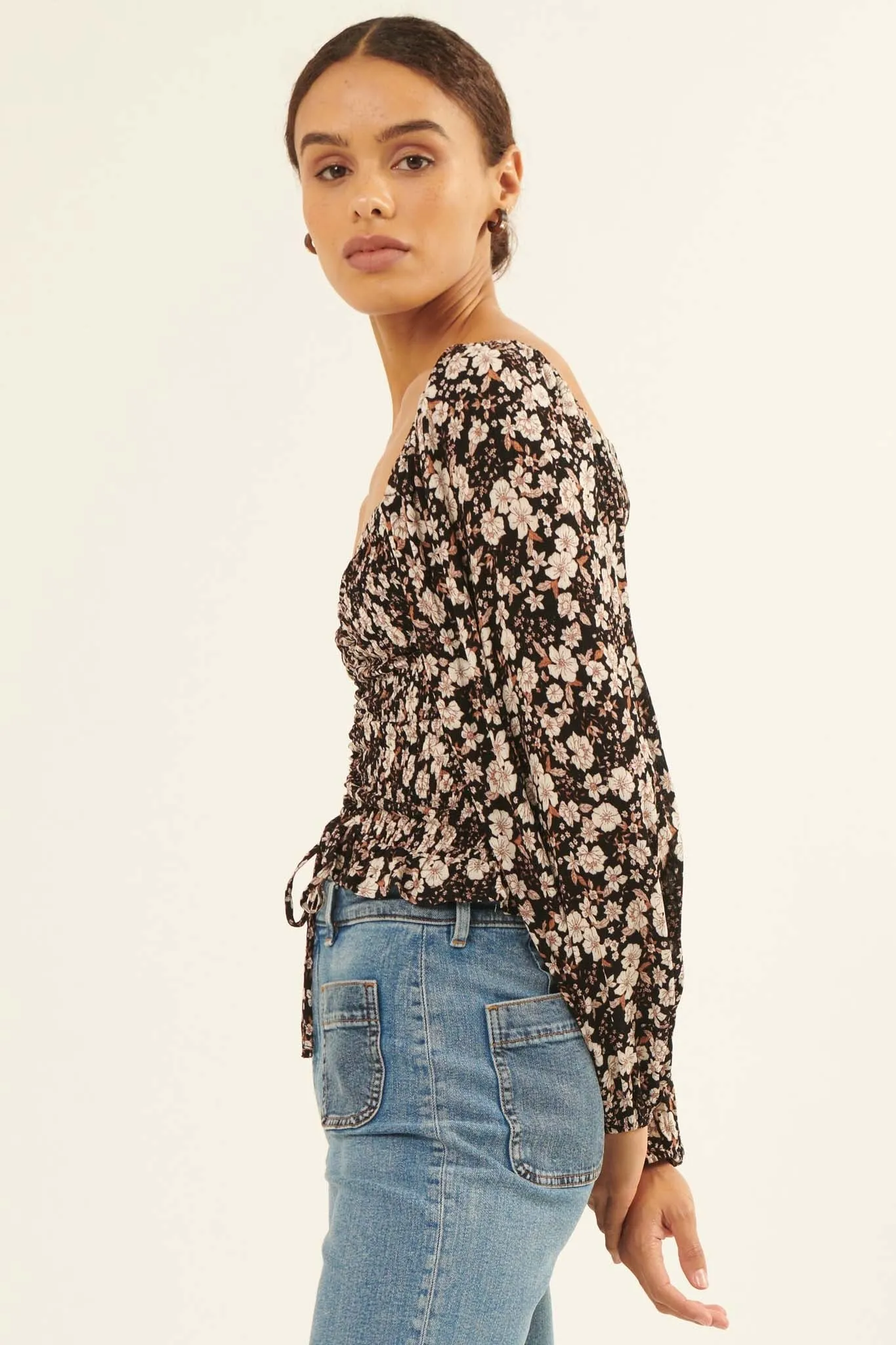 Moonlight Roses Floral Drawstring Peasant Top