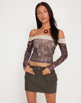 Nagita Long Sleeve Bardot Top in Botanical Dark Brown