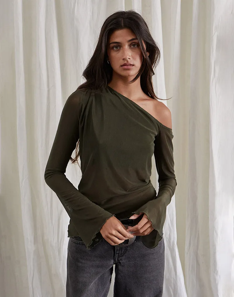 Narcissa Asymmetric Long Sleeve Top in Mesh Dark Olive