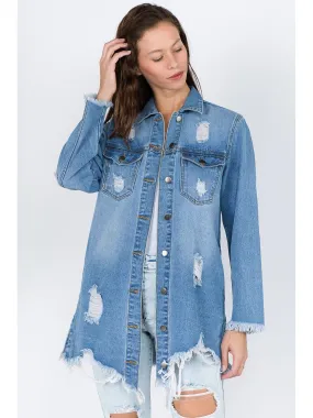 NicholesGifts Women American Bazi Distressed Frayed Hem Denim Jacket