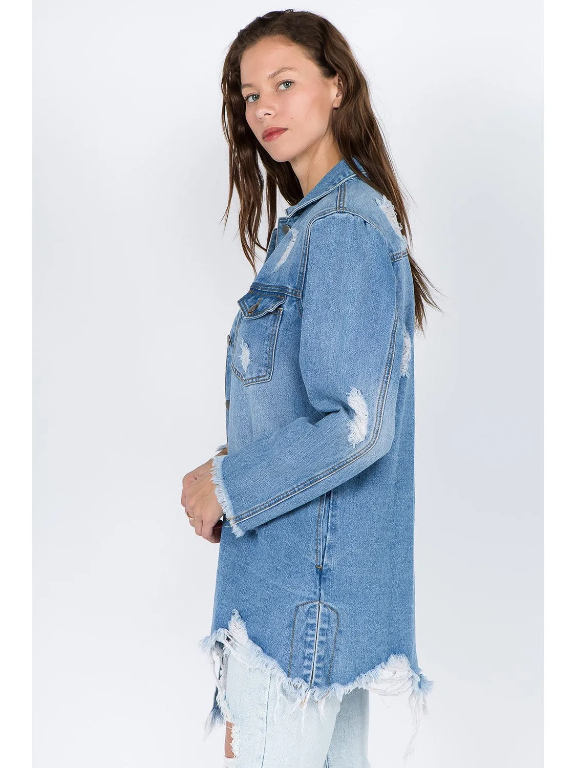 NicholesGifts Women American Bazi Distressed Frayed Hem Denim Jacket