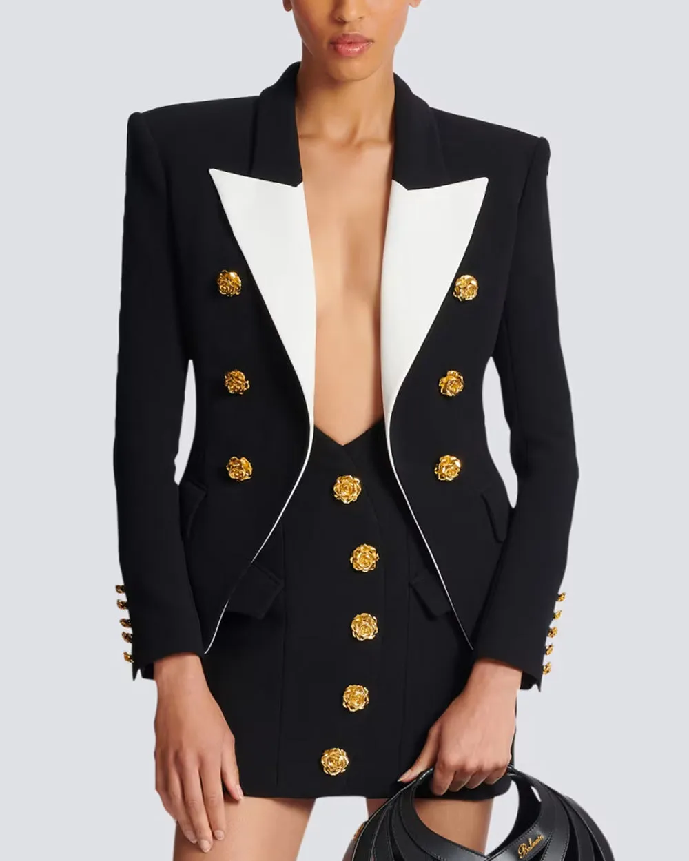 Noir and Blanc Satin Lapel Button Jacket