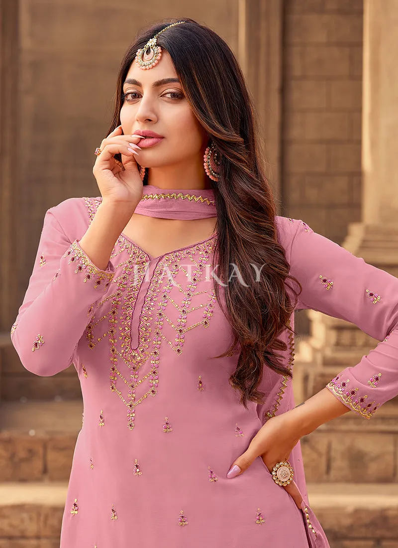 Pale Pink Zari Embroidery Gharara Style Suit