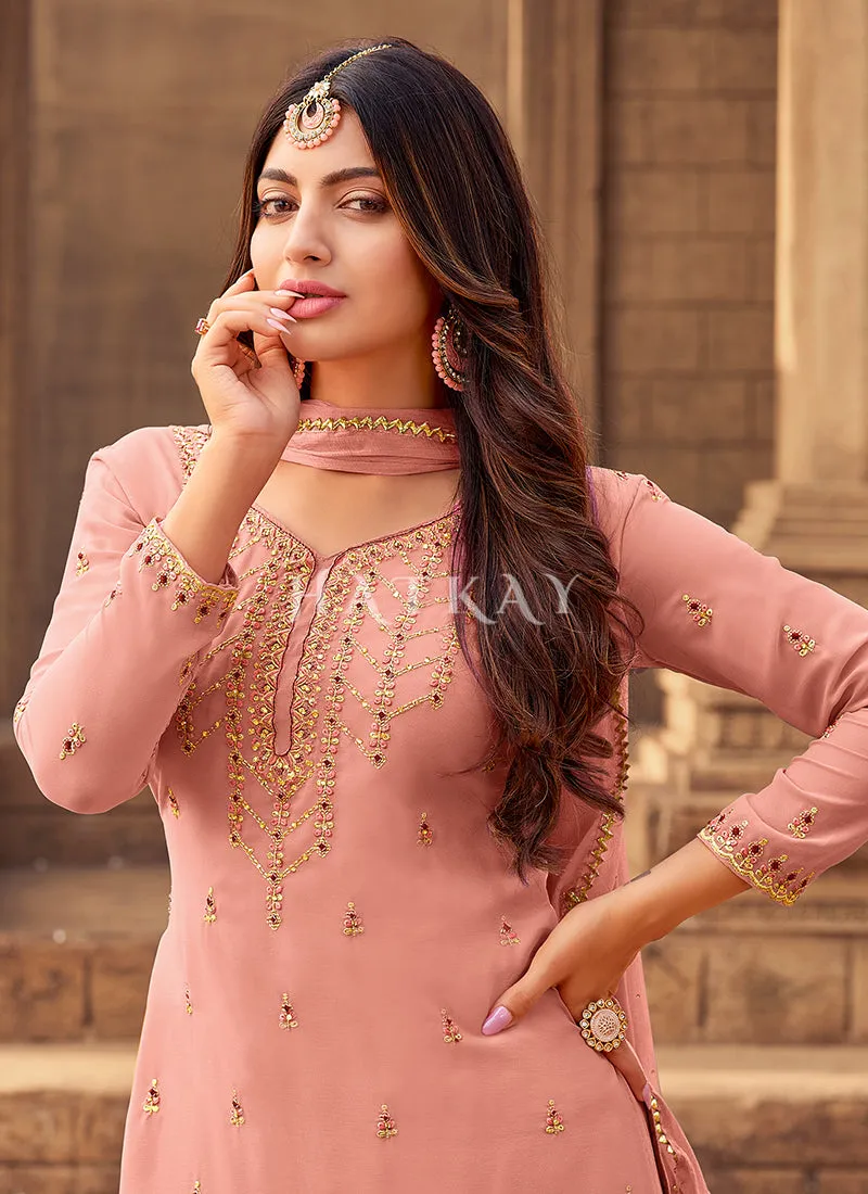 Peach Zari Embroidery Gharara Style Suit