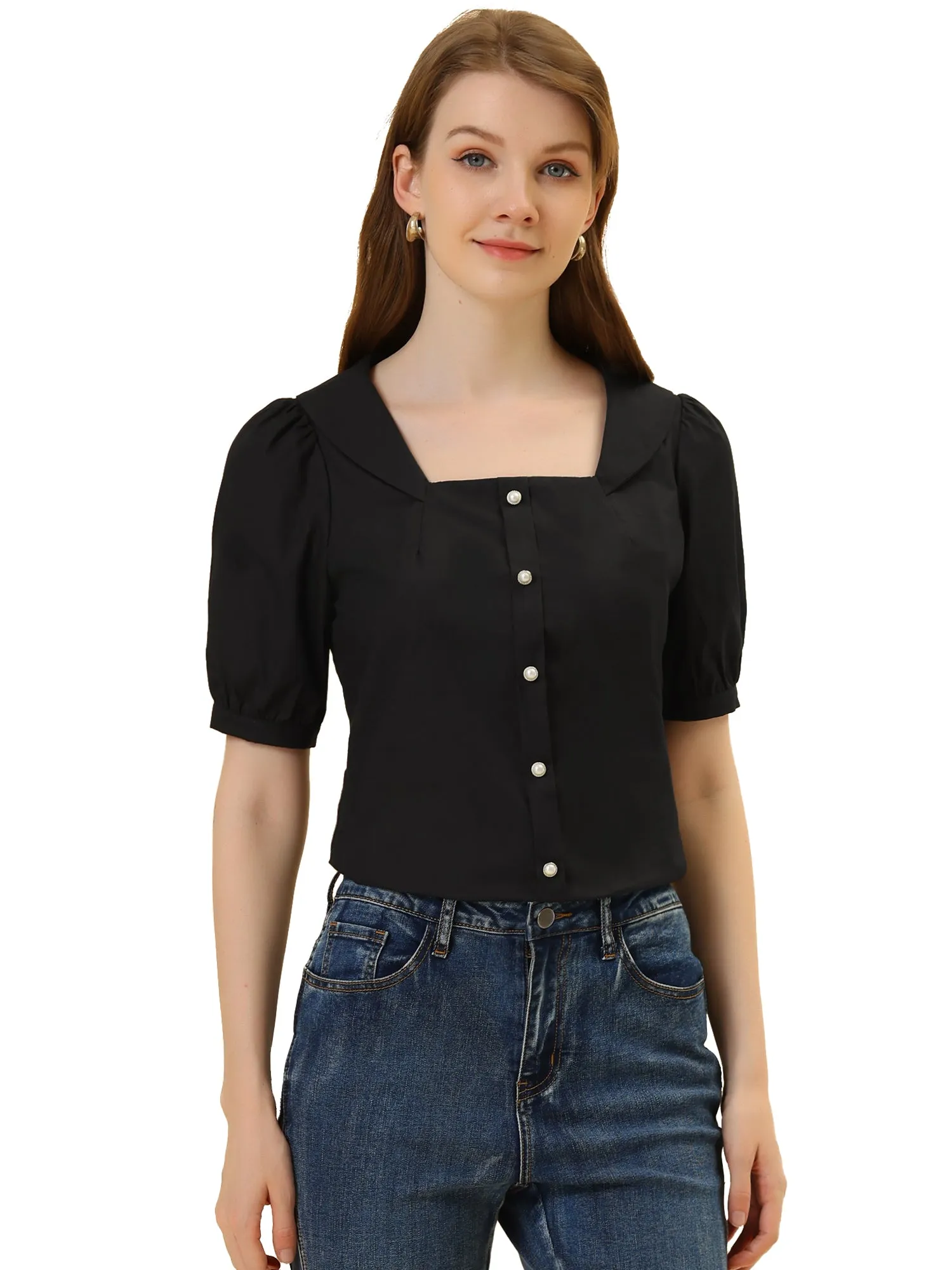 Peasant Square Neck Pearl Button Decor Casual Elegant Top