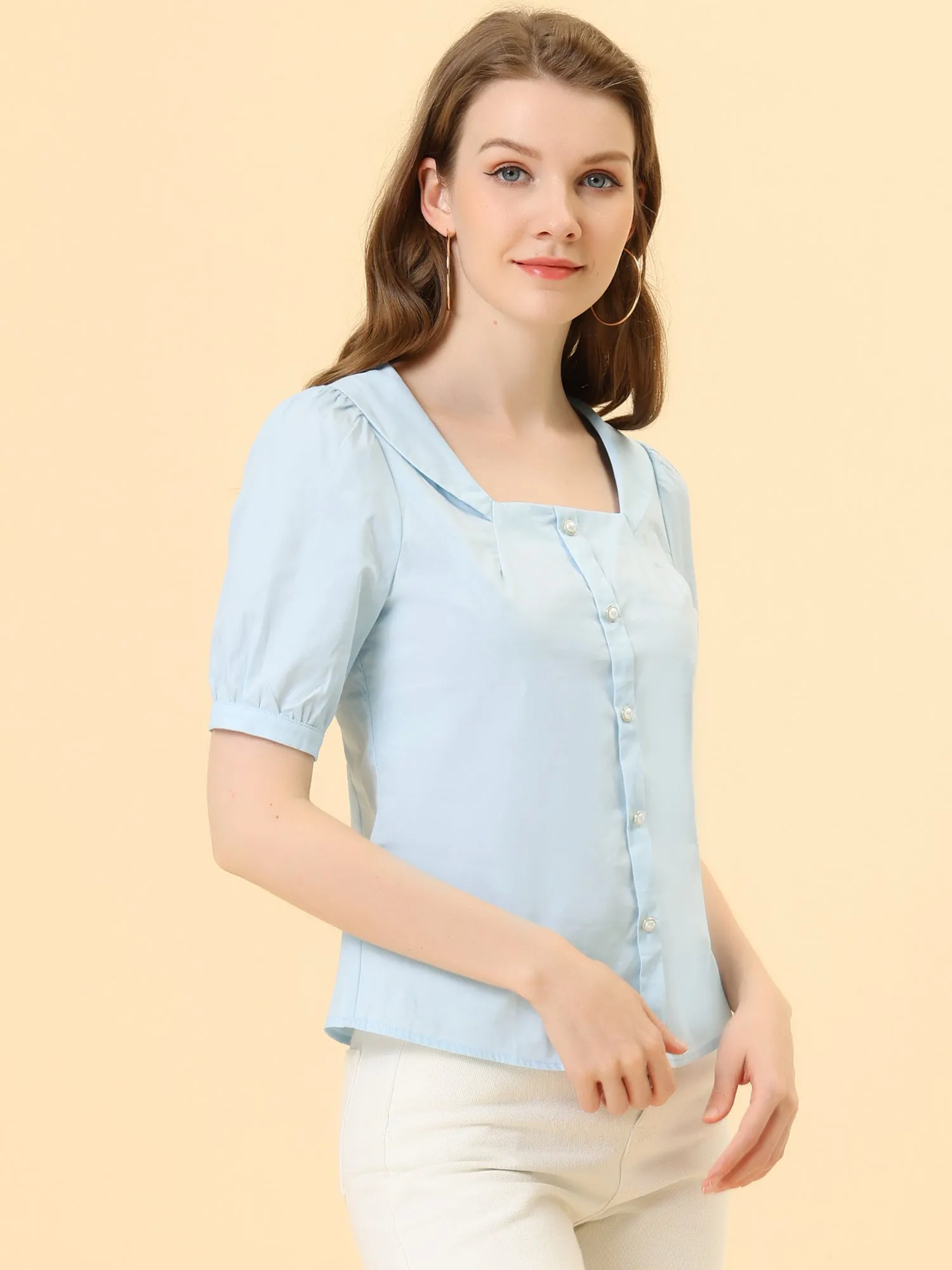 Peasant Square Neck Pearl Button Decor Casual Elegant Top