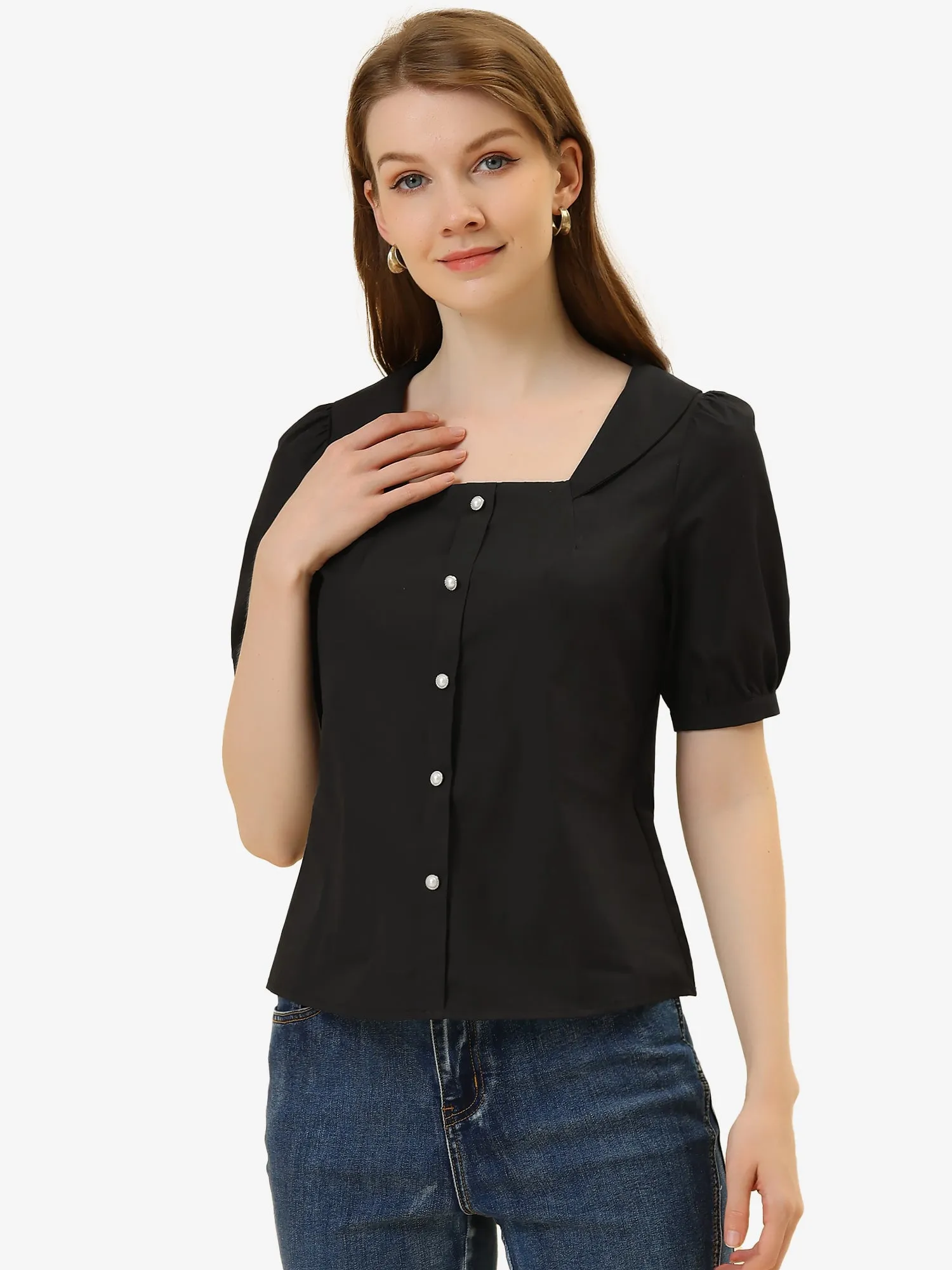 Peasant Square Neck Pearl Button Decor Casual Elegant Top