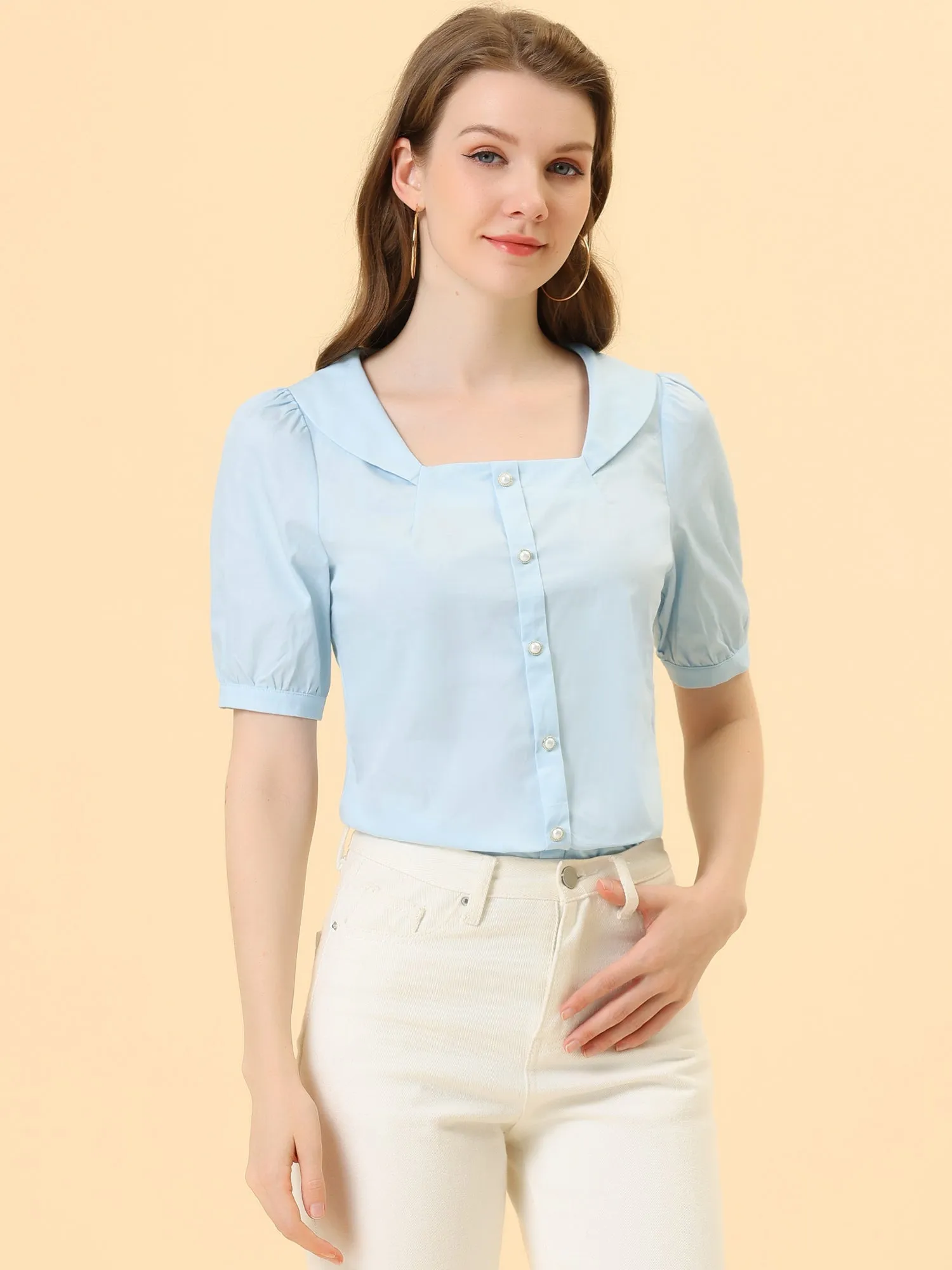 Peasant Square Neck Pearl Button Decor Casual Elegant Top