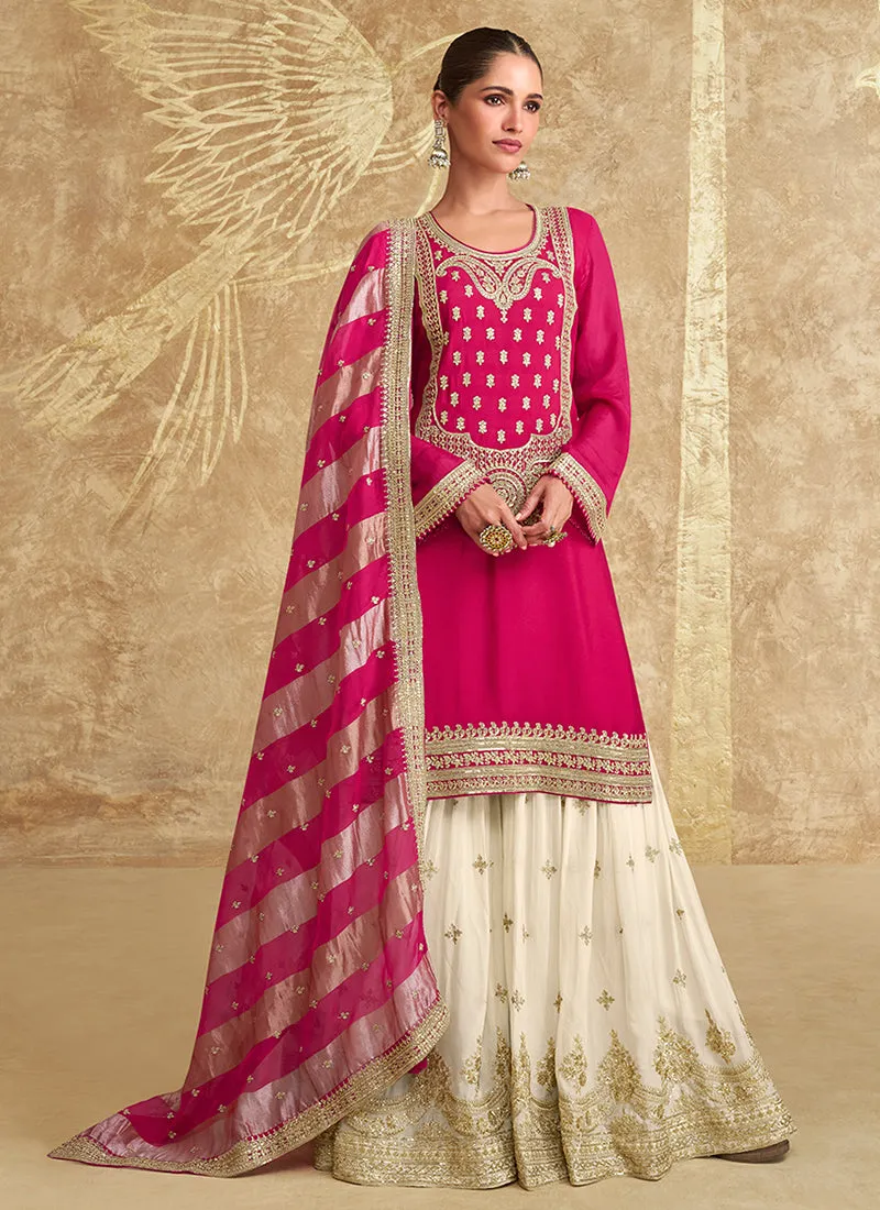 Pink And Off White Embroidered Gharara Style Suit