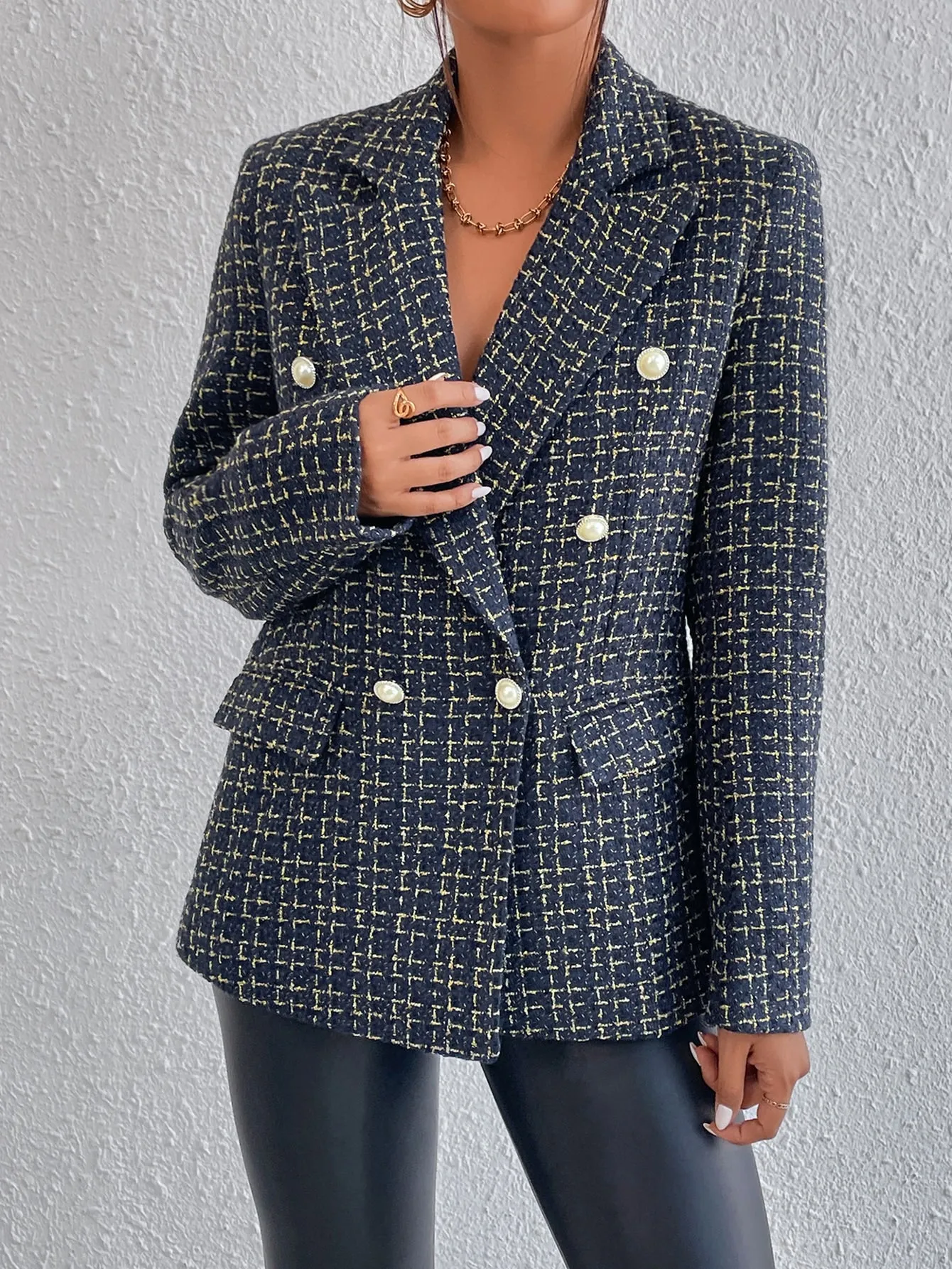 Plaid Print Double Breasted Blazer Workwear